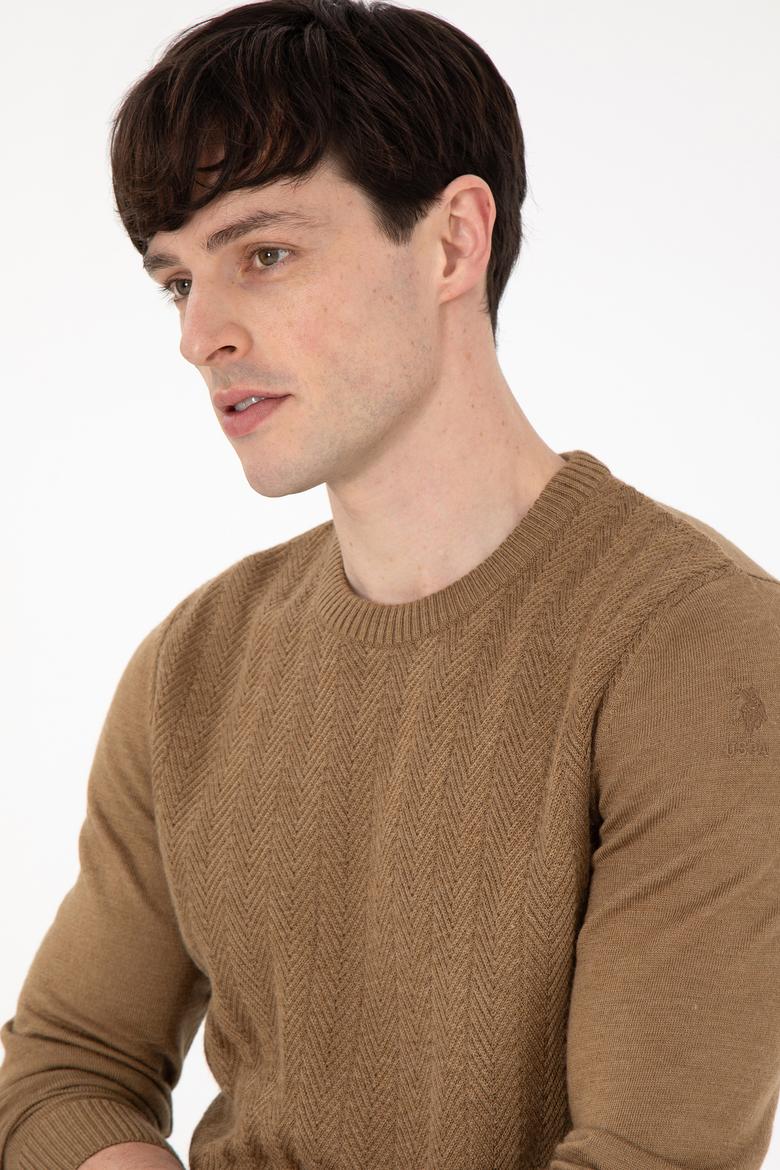 Erkek Slim Fit Bisiklet Yaka Haki Melanj Kazak - 50292865026