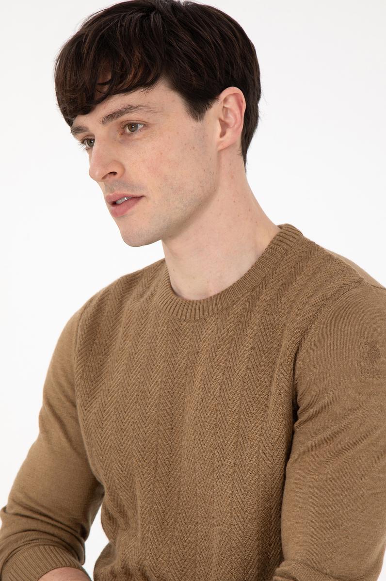 Erkek Slim Fit Bisiklet Yaka Haki Melanj Kazak