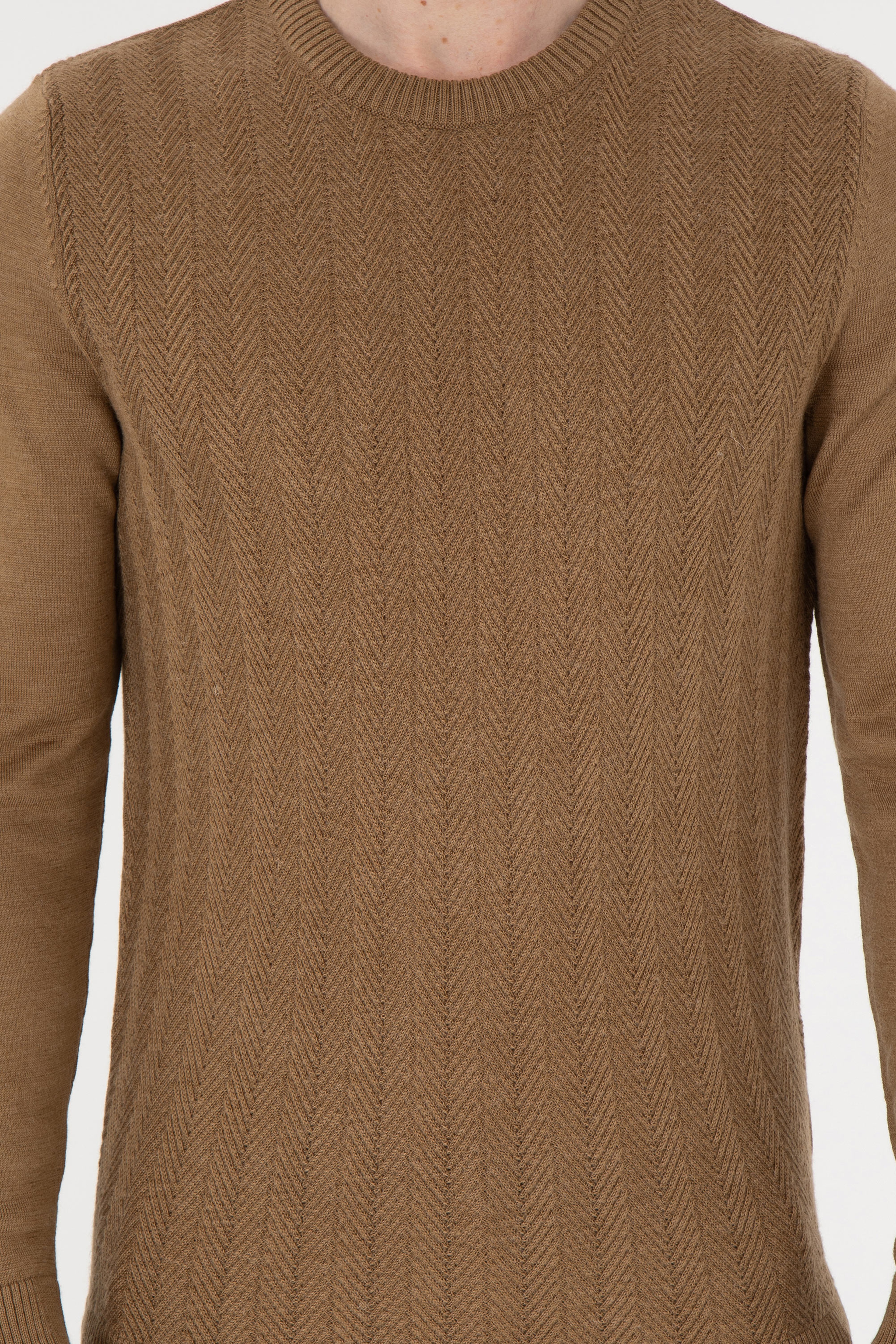Erkek Slim Fit Bisiklet Yaka Haki Melanj Kazak - Image 6
