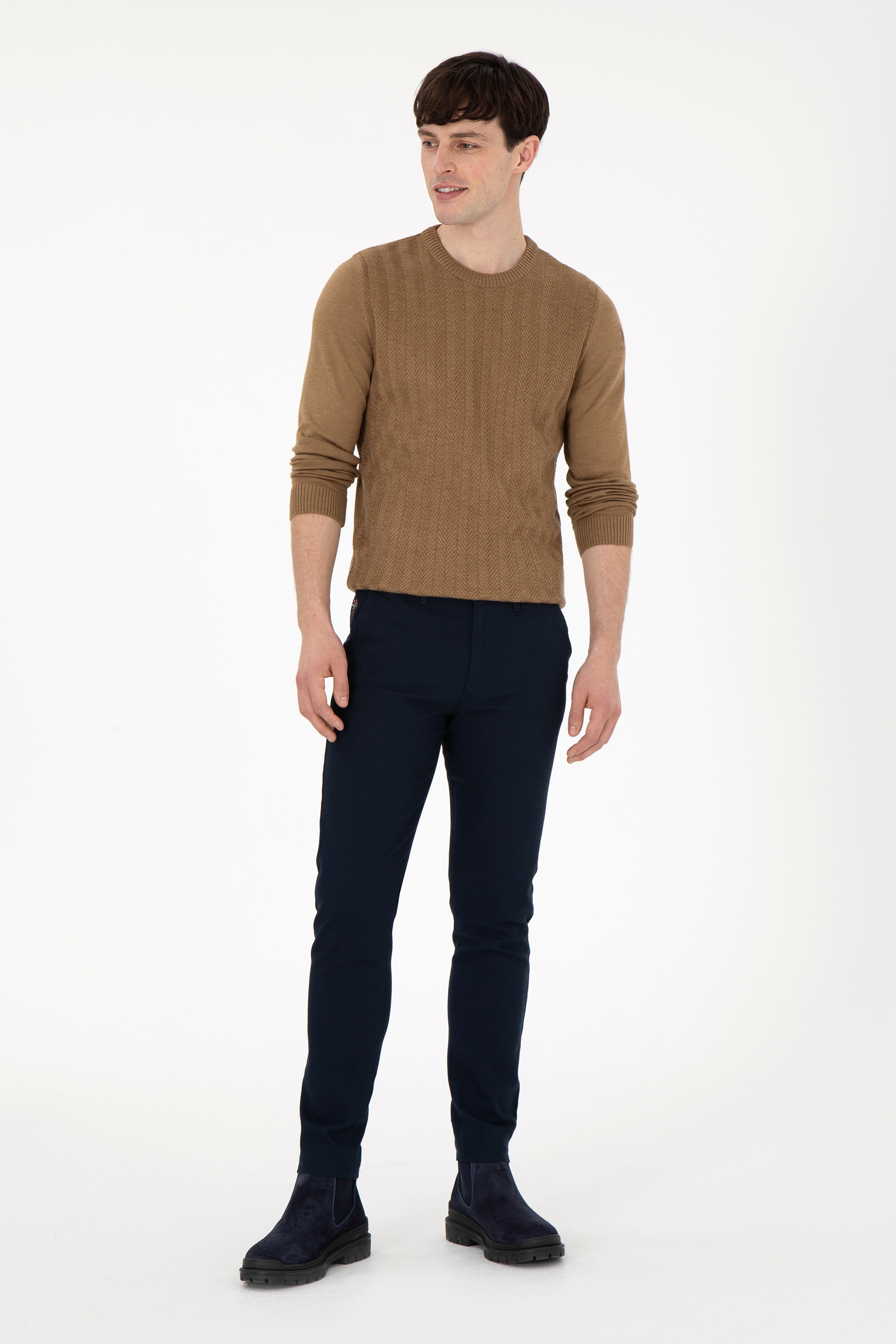Erkek Slim Fit Bisiklet Yaka Haki Melanj Kazak - Image 4