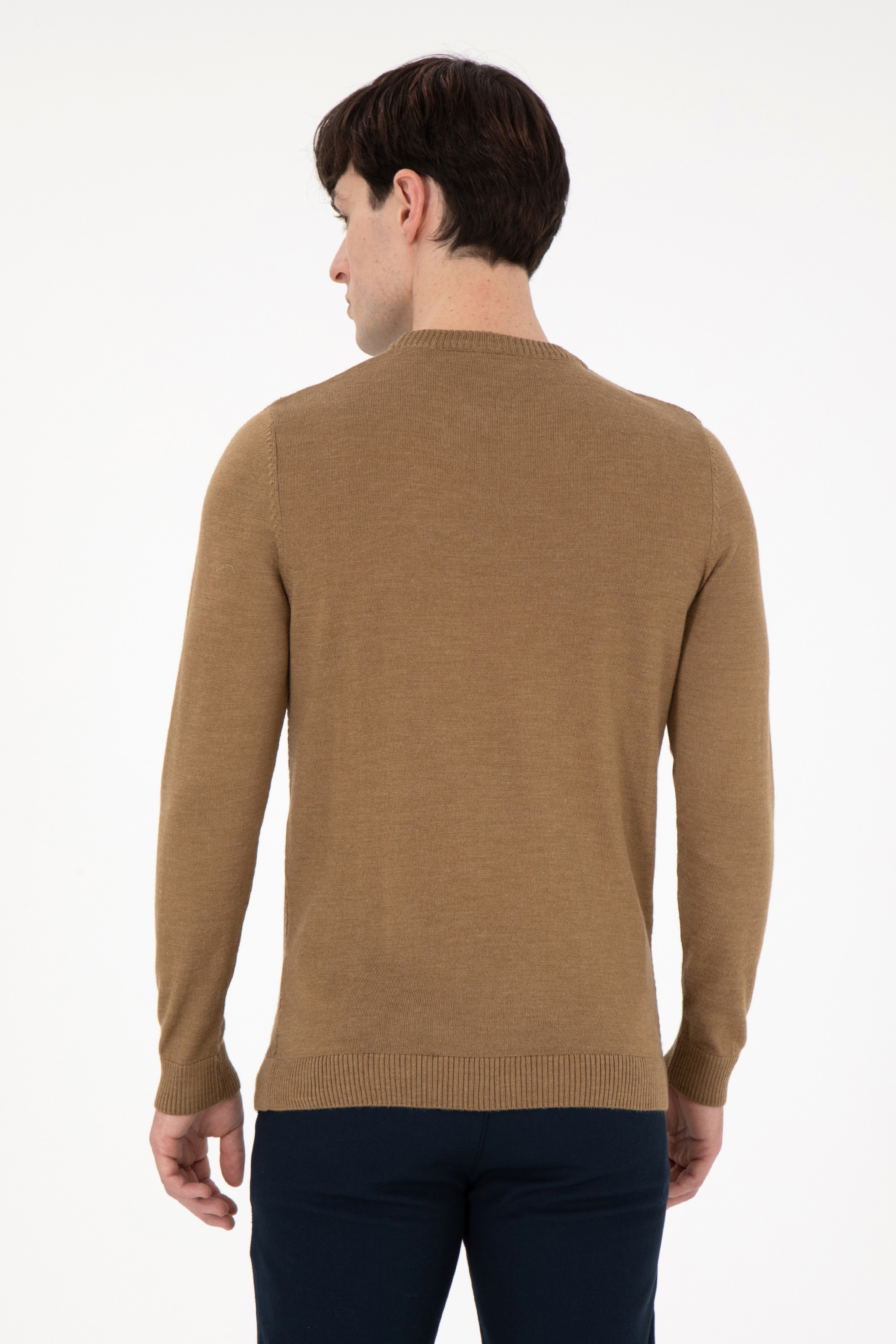 Erkek Slim Fit Bisiklet Yaka Haki Melanj Kazak