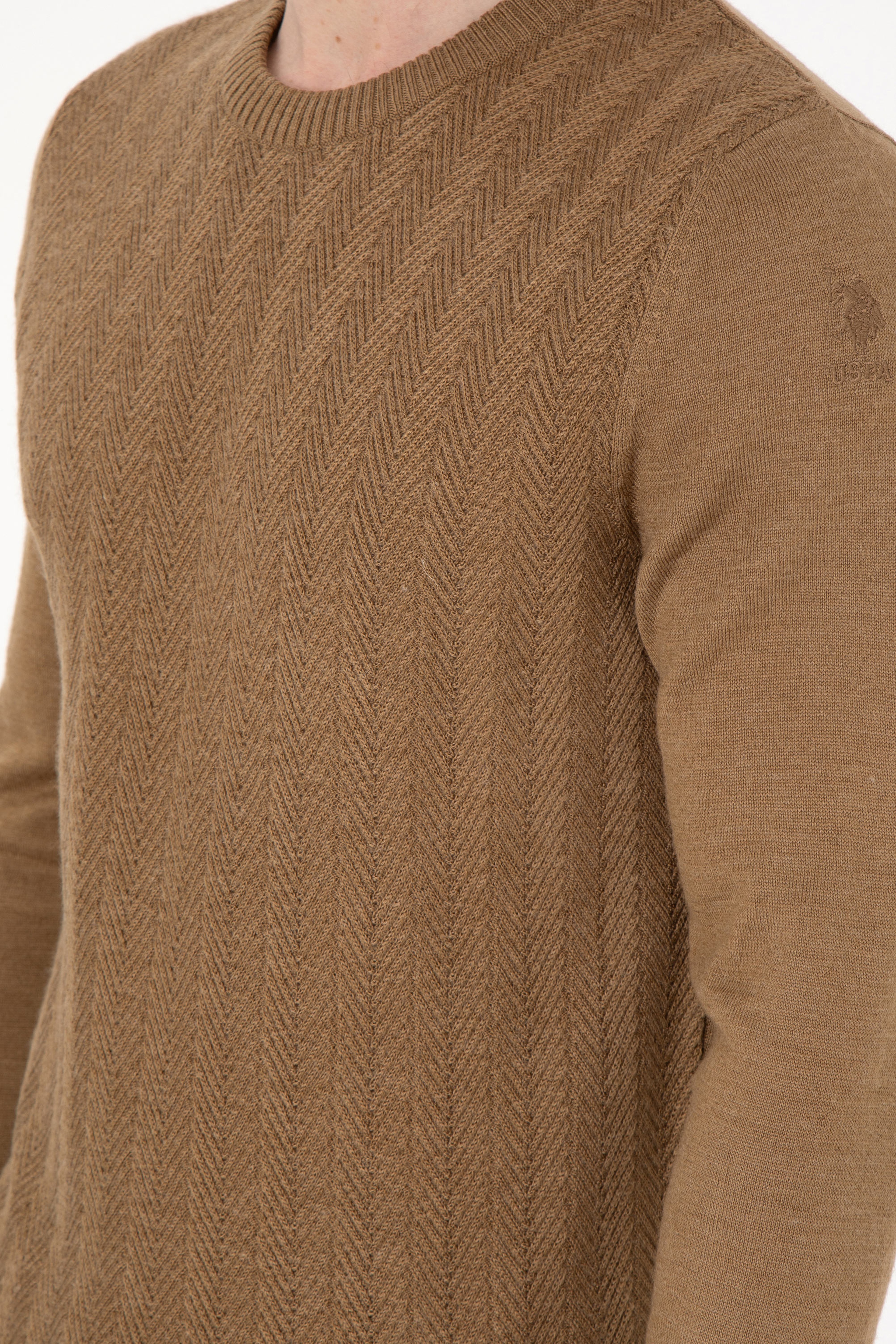 Erkek Slim Fit Bisiklet Yaka Haki Melanj Kazak - Image 7