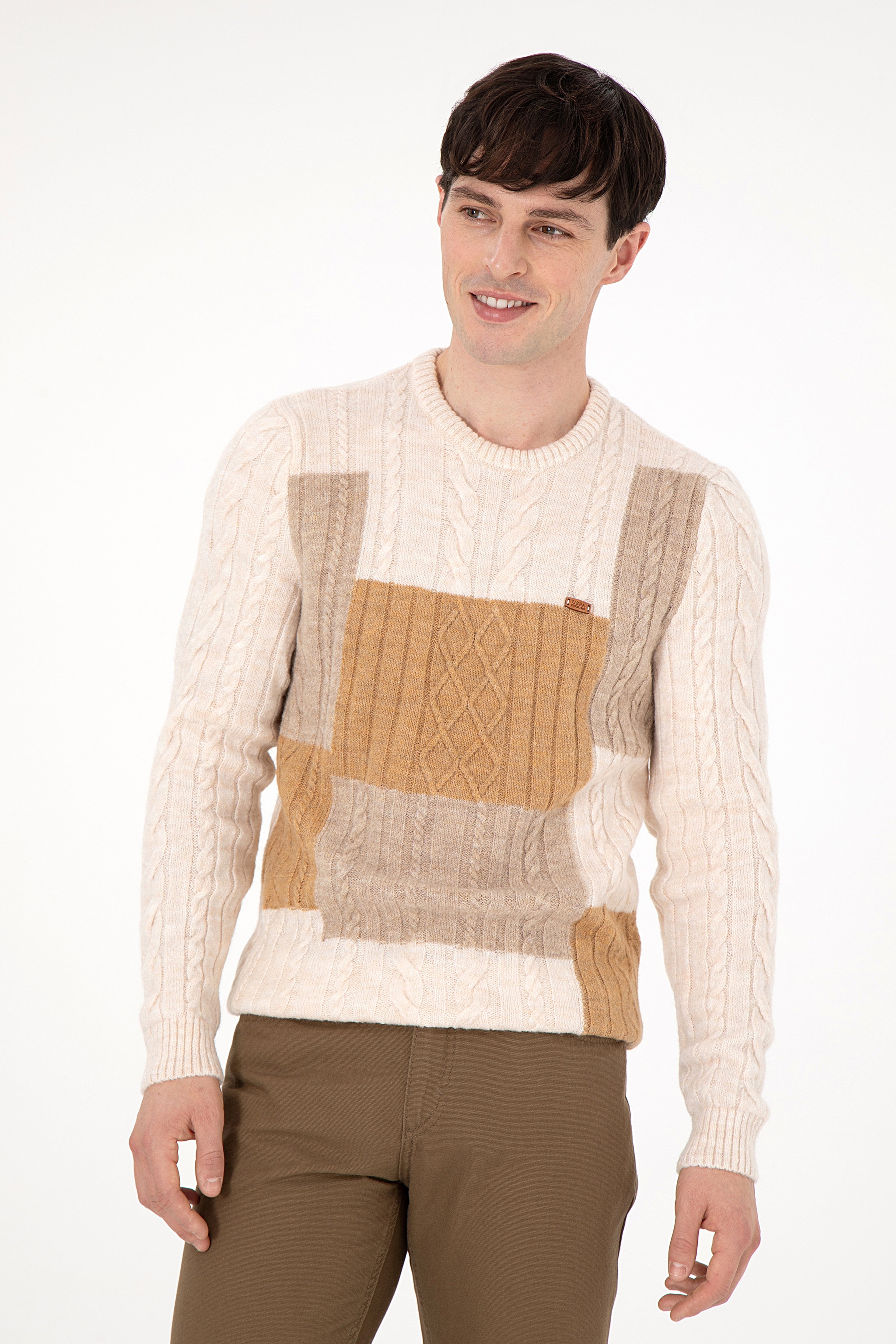 Erkek Regular Fit Bisiklet Yaka Krem Kazak