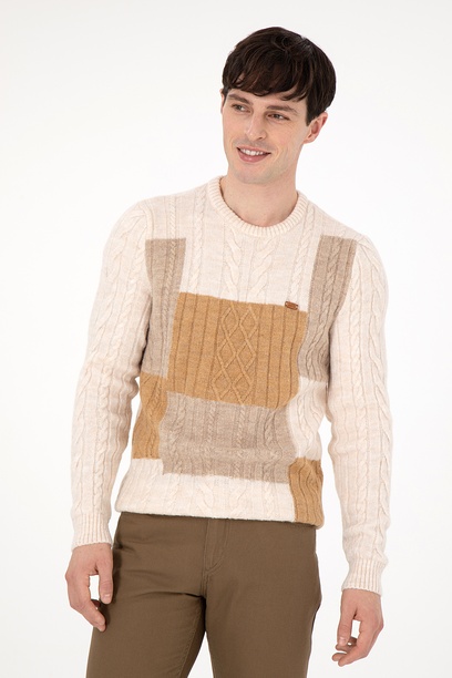Erkek Regular Fit Bisiklet Yaka Krem Kazak