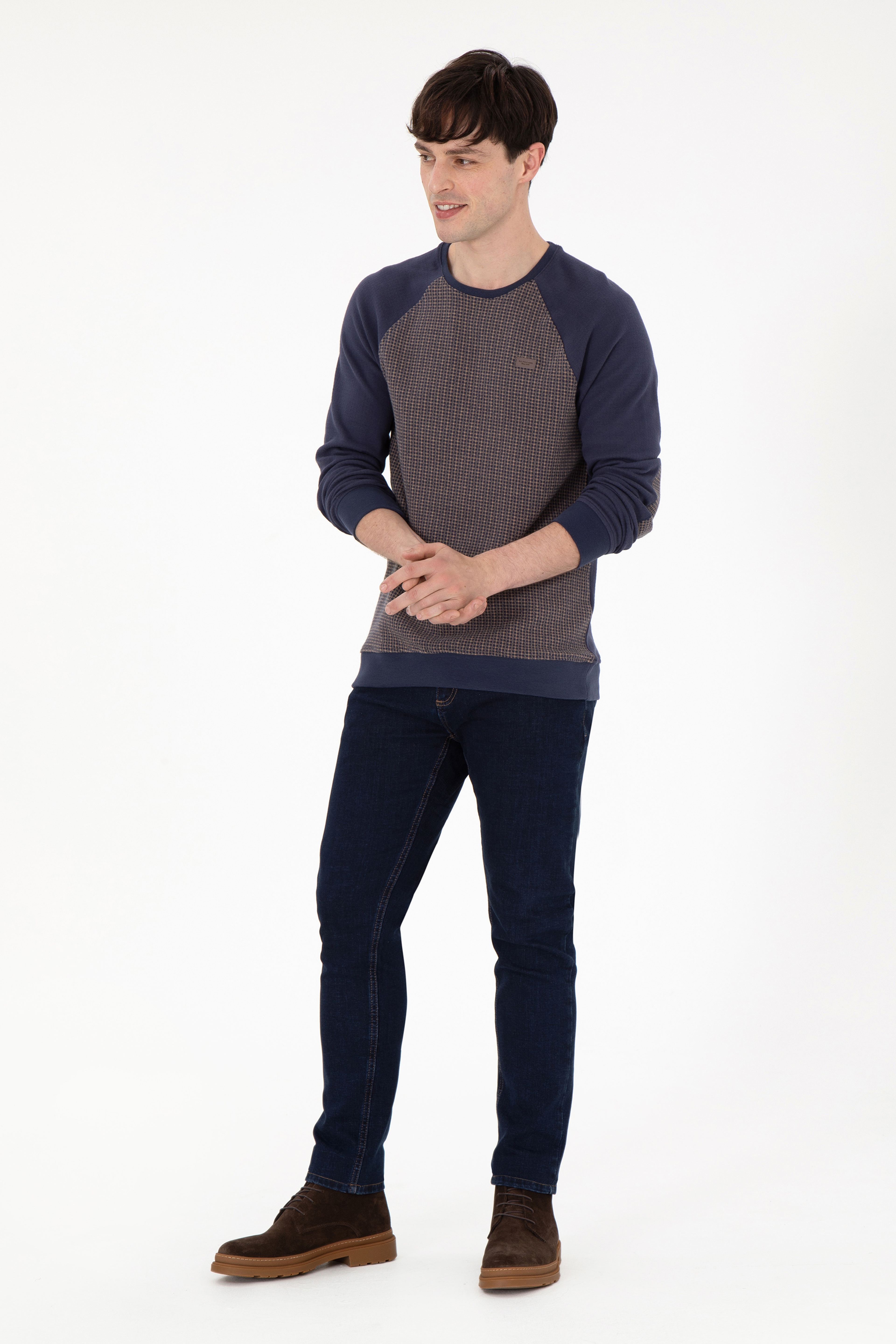 Erkek Regular Fit Bisiklet Yaka İndigo Sweatshirt - Image 4