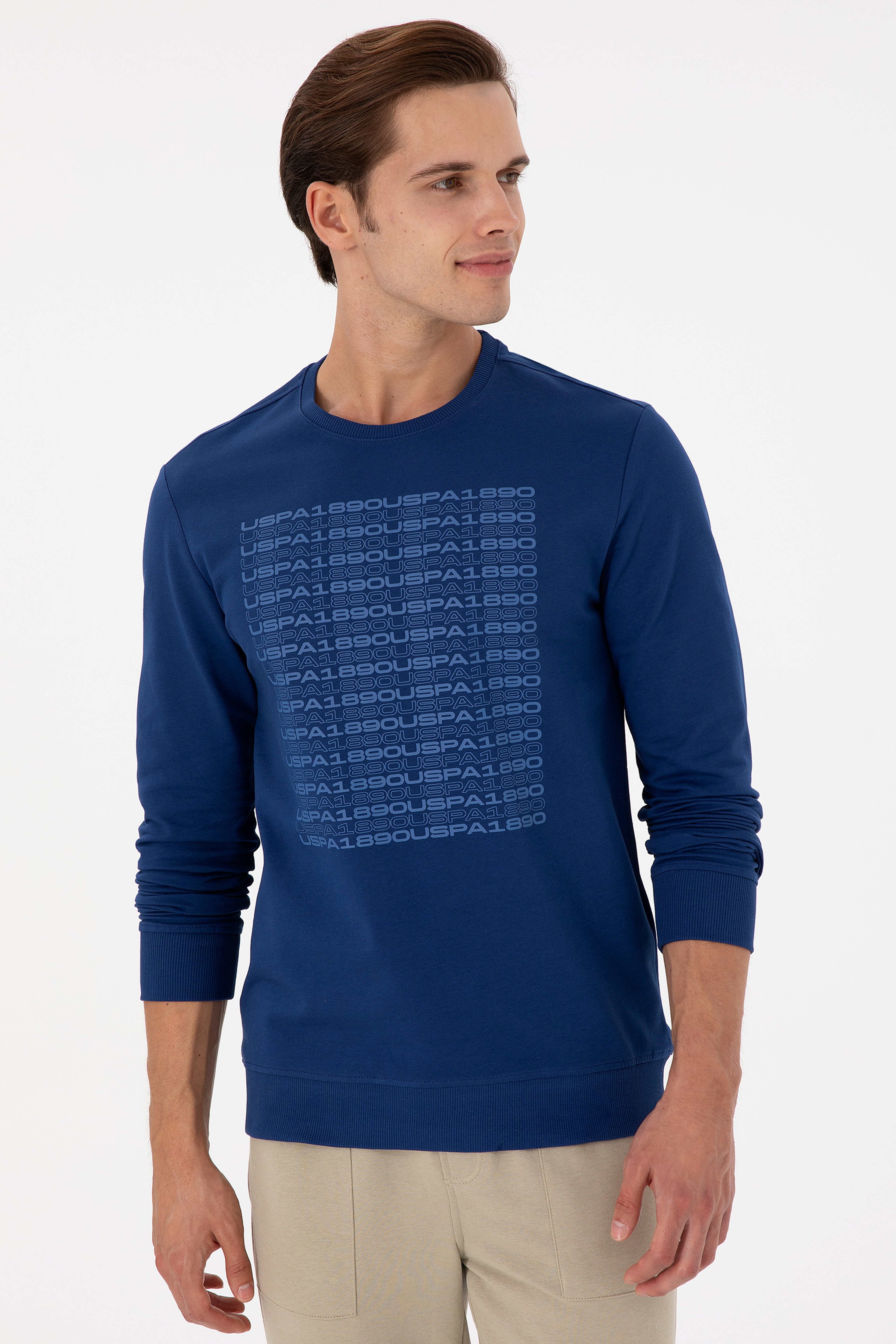 Erkek Regular Fit Bisiklet Yaka İndigo Sweatshirt - Image 3