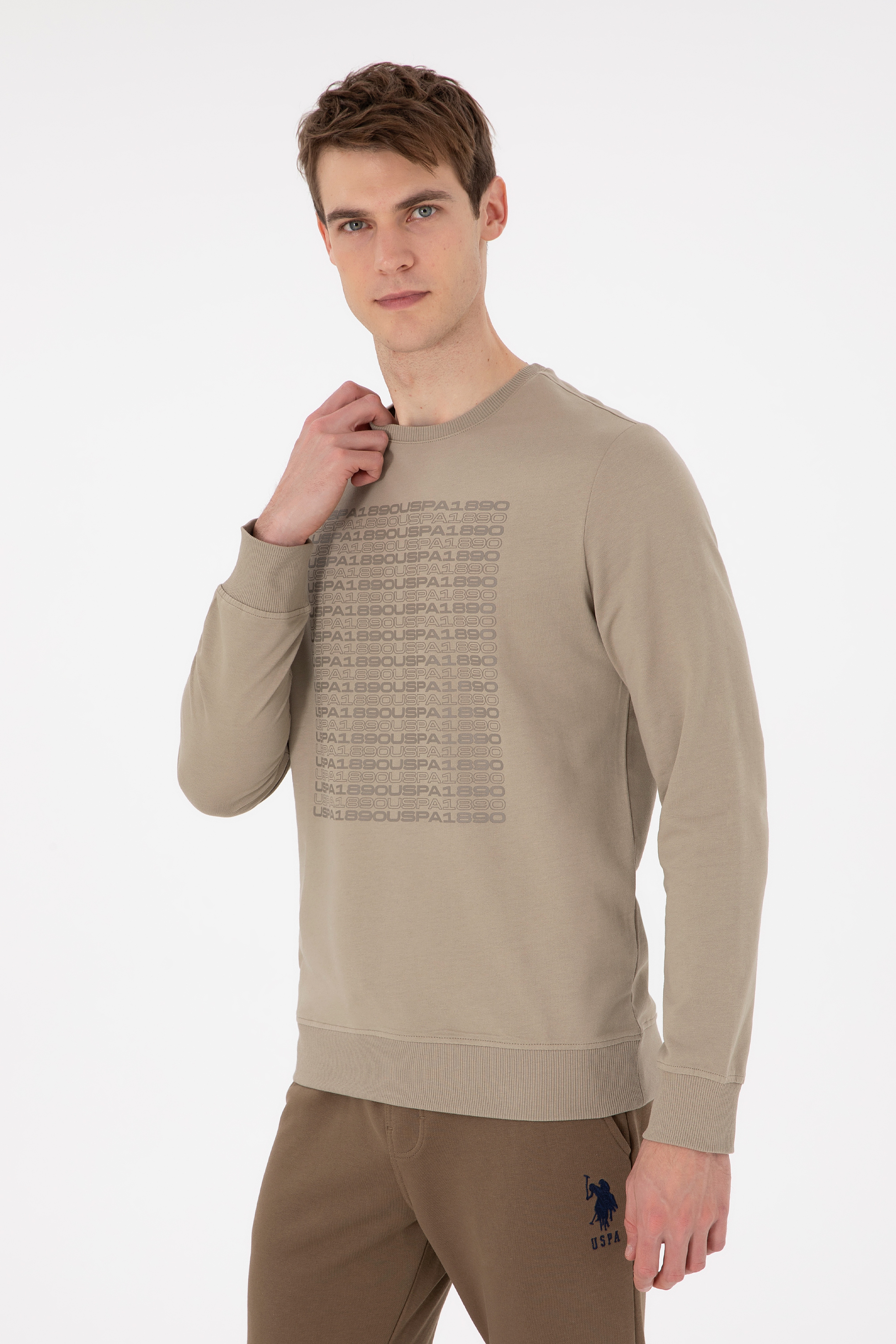 Erkek Regular Fit Bisiklet Yaka Açık Haki Sweatshirt - Image 1