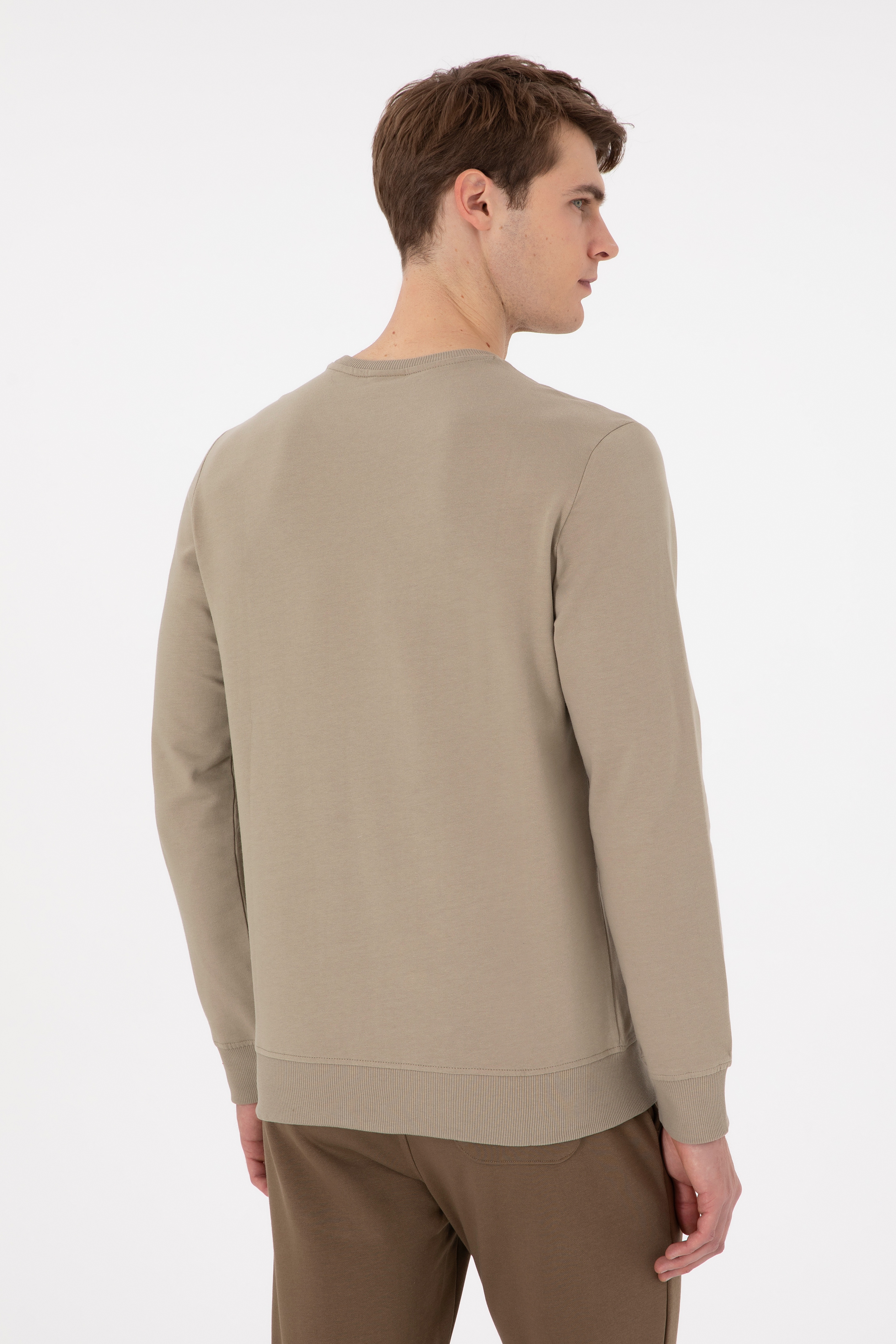 Erkek Regular Fit Bisiklet Yaka Açık Haki Sweatshirt