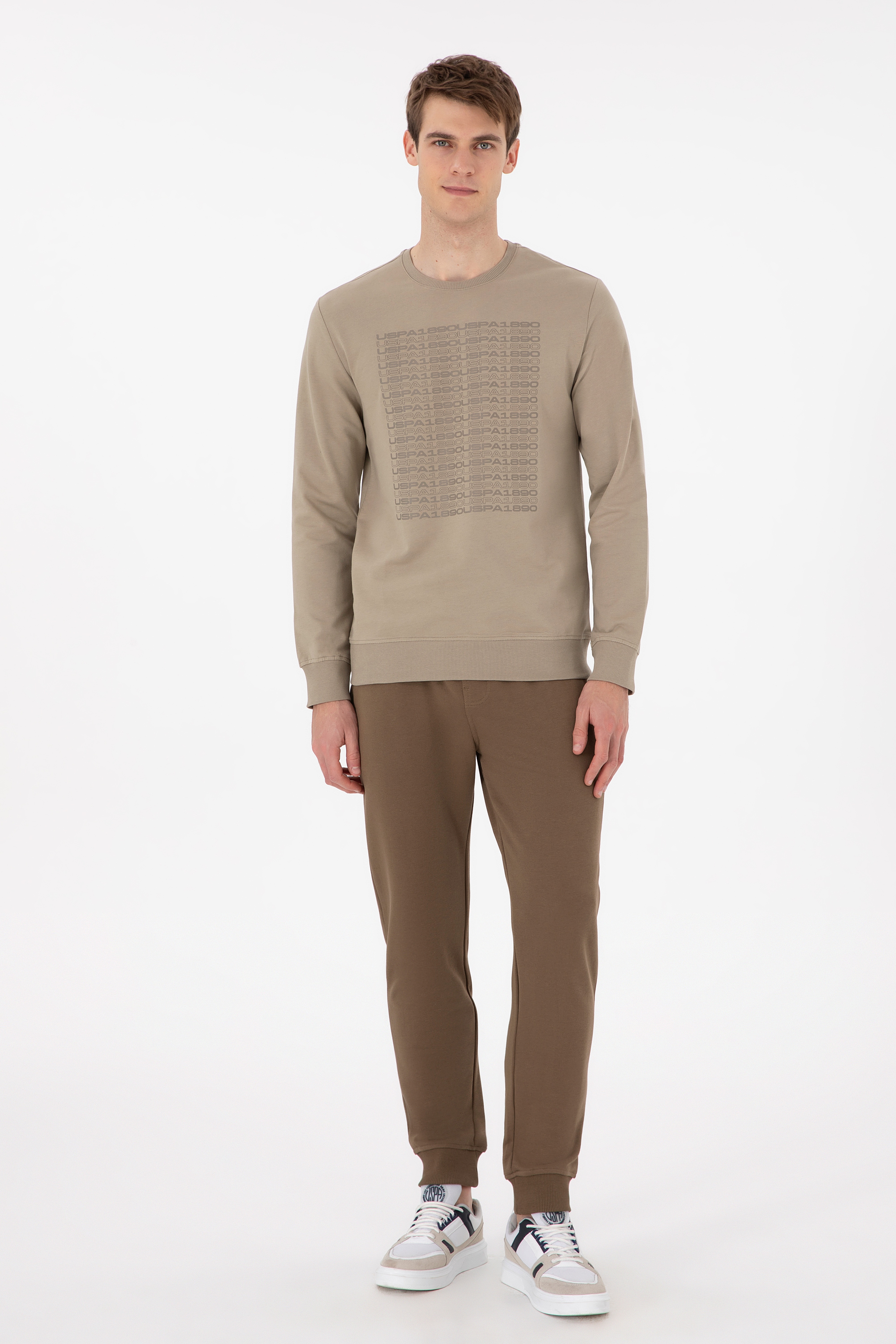 Erkek Regular Fit Bisiklet Yaka Açık Haki Sweatshirt