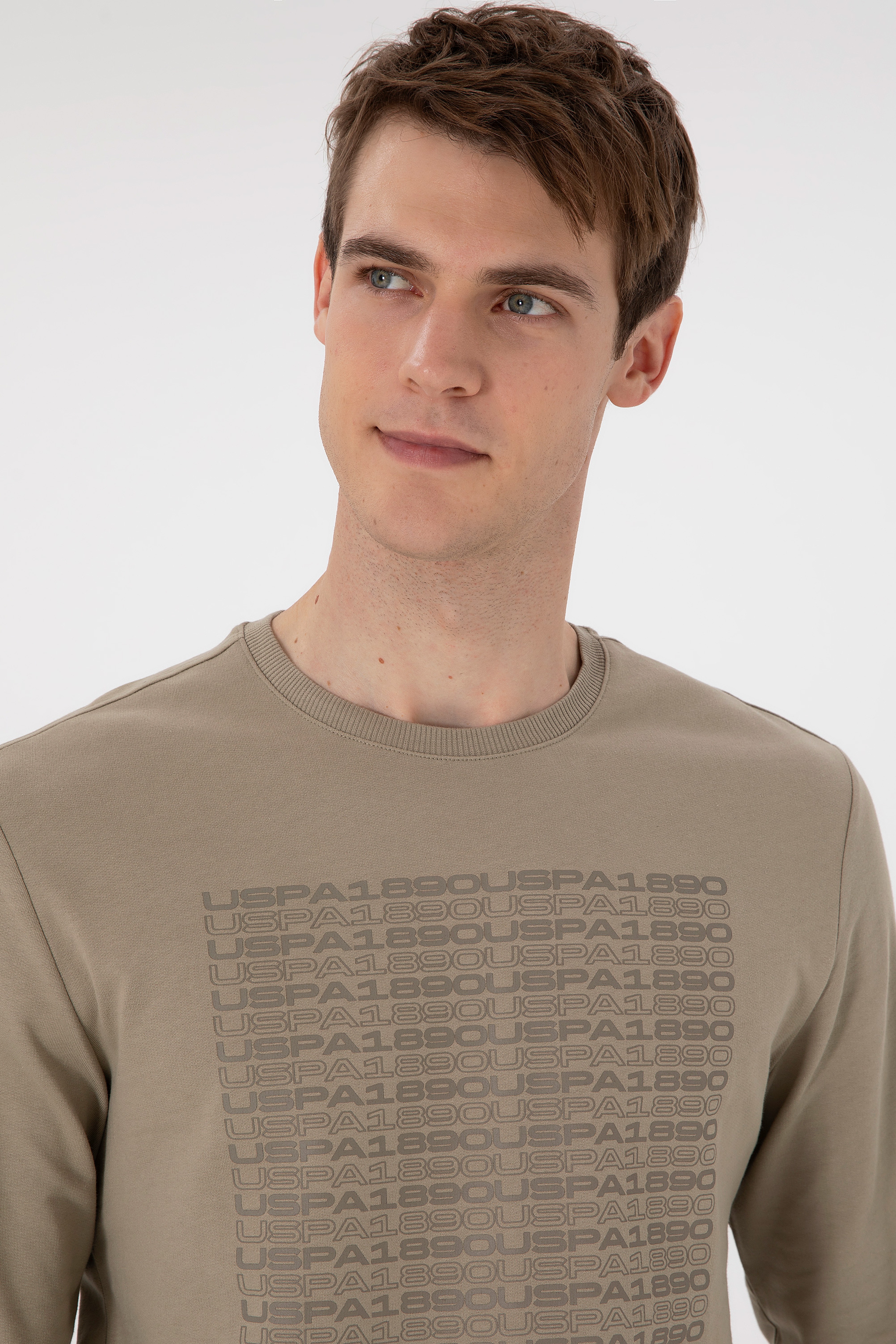 Erkek Regular Fit Bisiklet Yaka Açık Haki Sweatshirt - Image 2
