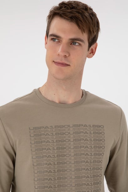 Erkek Regular Fit Bisiklet Yaka Açık Haki Sweatshirt
