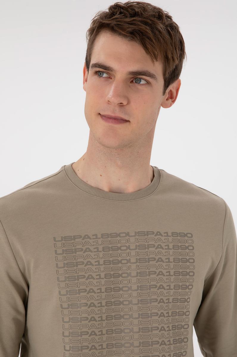 Erkek Regular Fit Bisiklet Yaka Açık Haki Sweatshirt