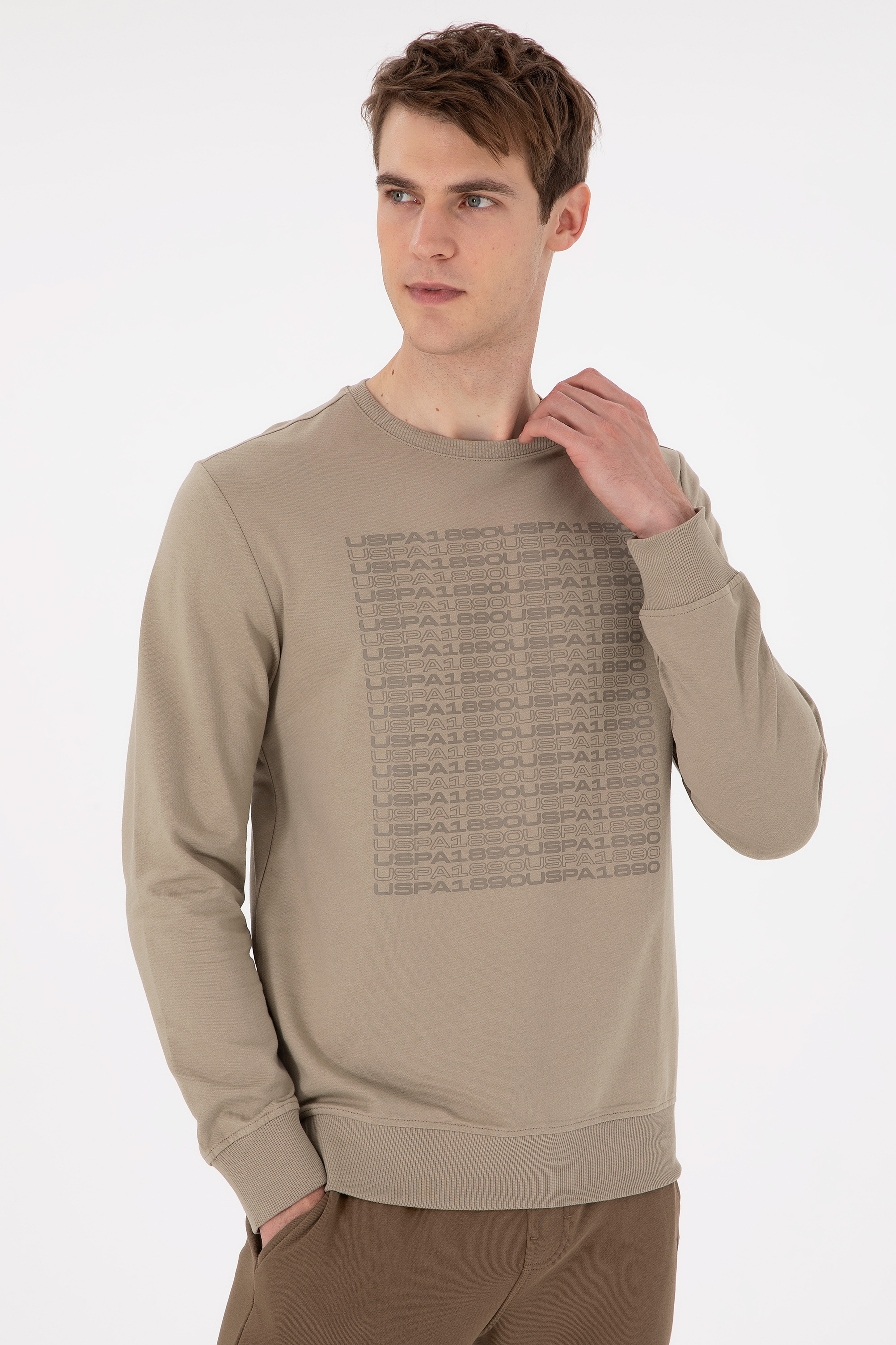 Erkek Regular Fit Bisiklet Yaka Açık Haki Sweatshirt - Image 3