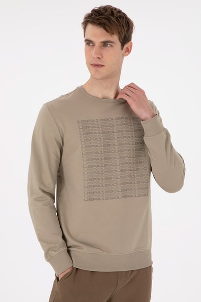 Erkek Regular Fit Bisiklet Yaka Açık Haki Sweatshirt