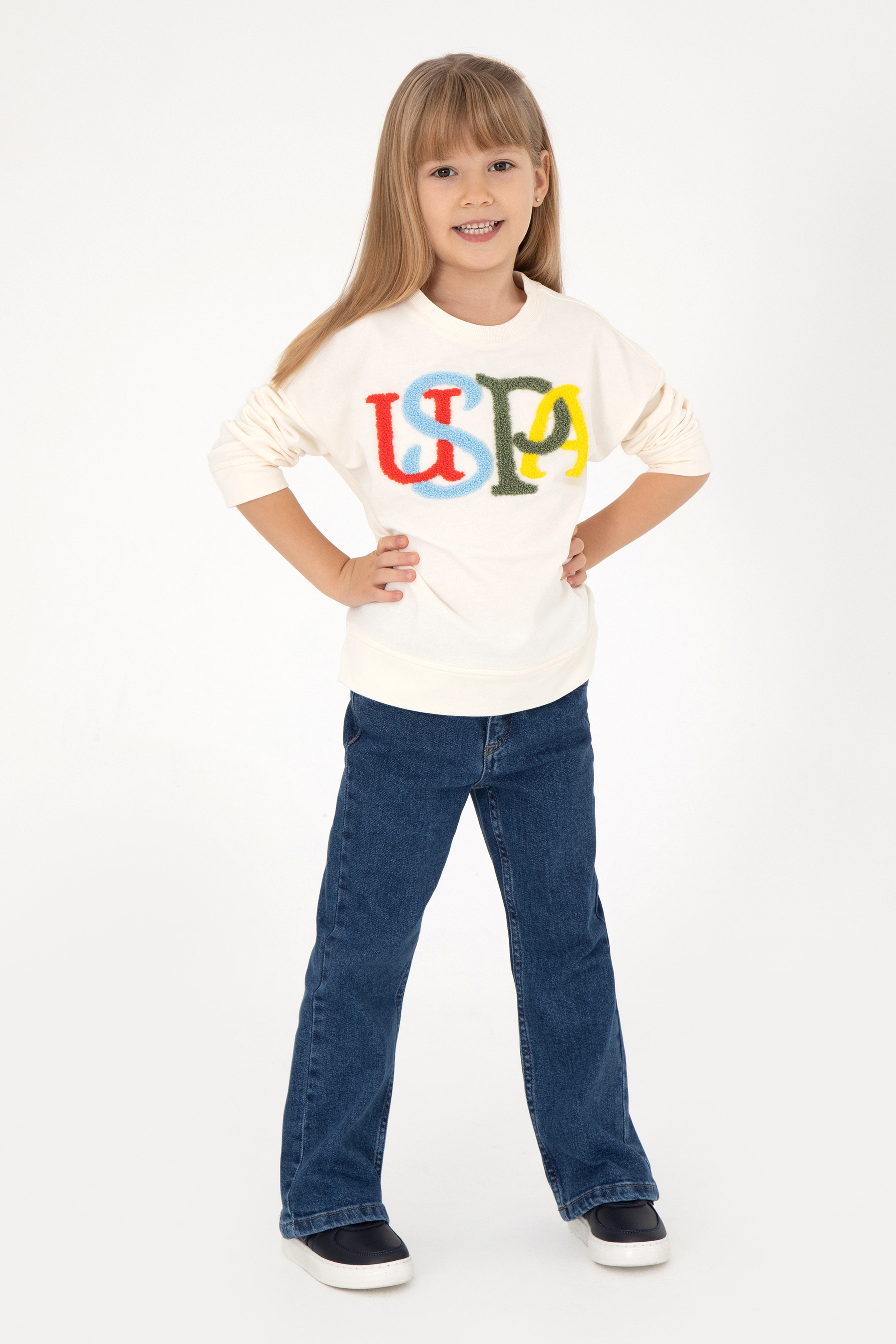 Kız Çocuk Krem Bisiklet Yaka Sweatshirt - Image 2
