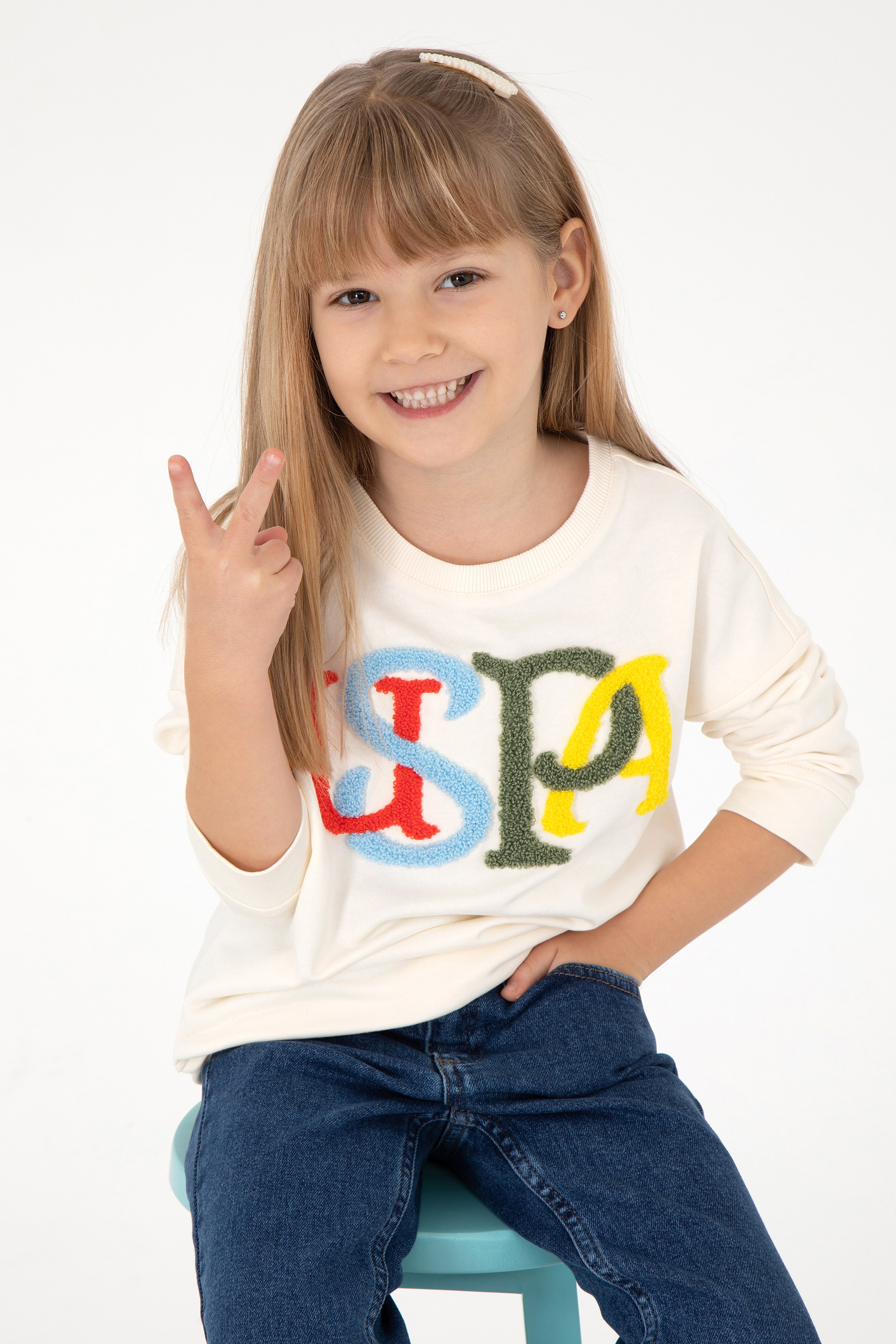 Kız Çocuk Krem Bisiklet Yaka Sweatshirt - Image 1