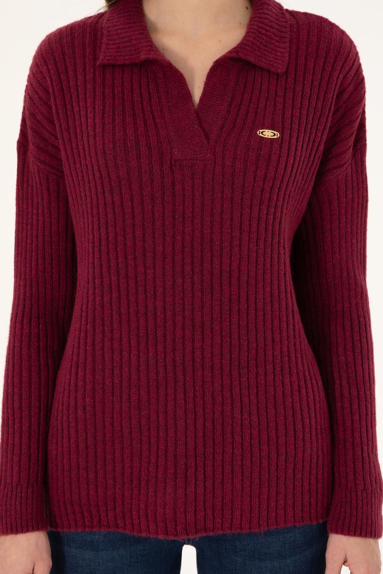 Kadın Vişne Polo Yaka Kazak - 50297093011