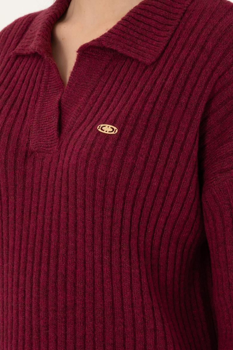 Kadın Vişne Polo Yaka Kazak - 50297093011