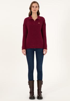 Kadın Vişne Polo Yaka Kazak - 50297093011