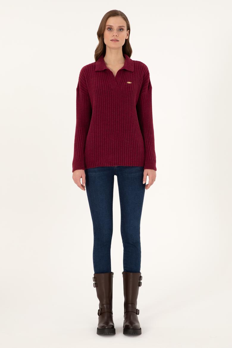 Kadın Vişne Polo Yaka Kazak - 50297093011