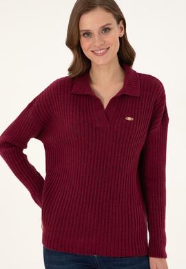 Kadın Vişne Polo Yaka Kazak - 50297093011