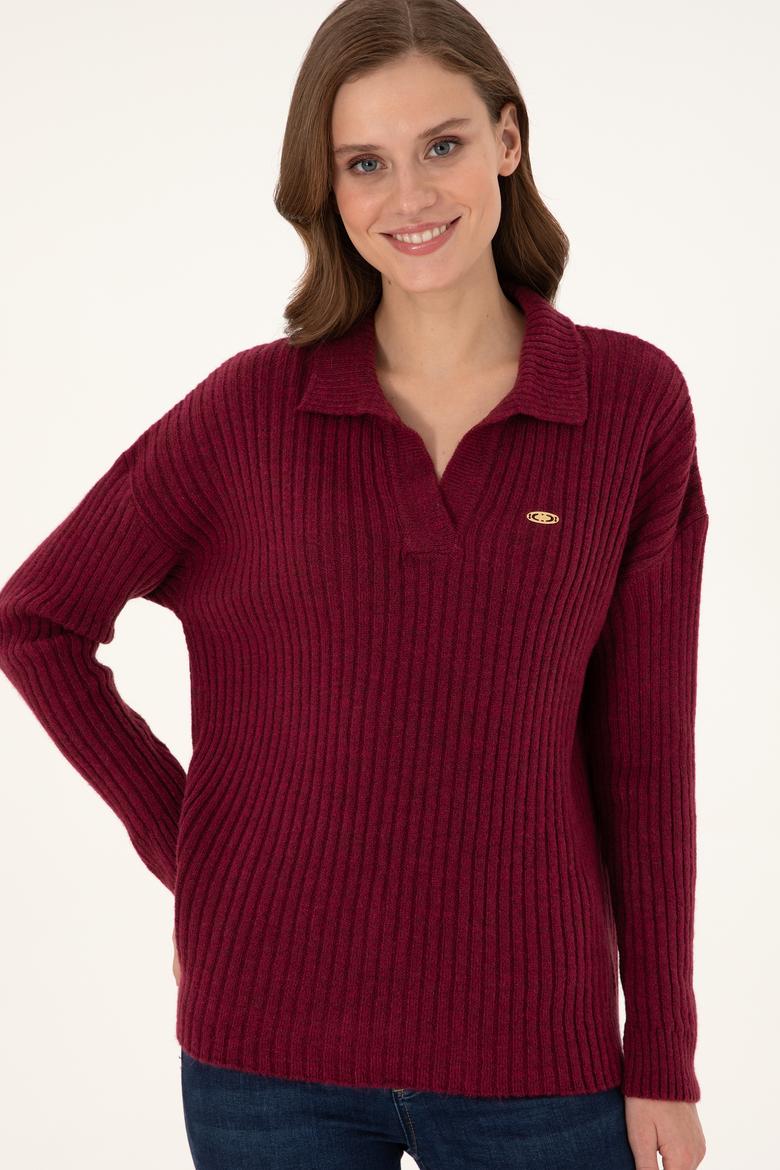 Kadın Vişne Polo Yaka Kazak - 50297093011