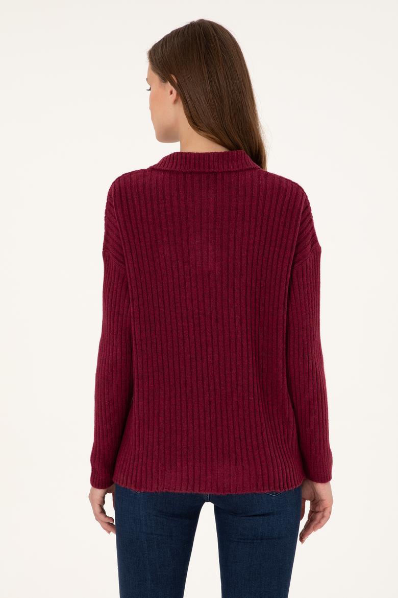 Kadın Vişne Polo Yaka Kazak - 50297093011