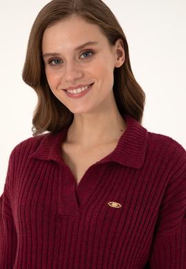 Kadın Vişne Polo Yaka Kazak - 50297093011