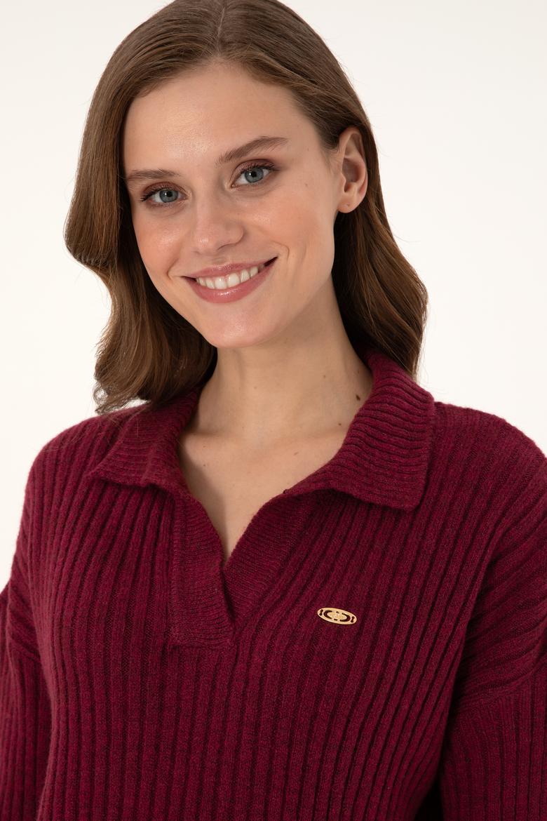 Kadın Vişne Polo Yaka Kazak - 50297093011