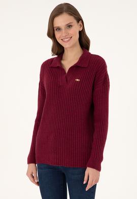 Kadın Vişne Polo Yaka Kazak - 50297093011