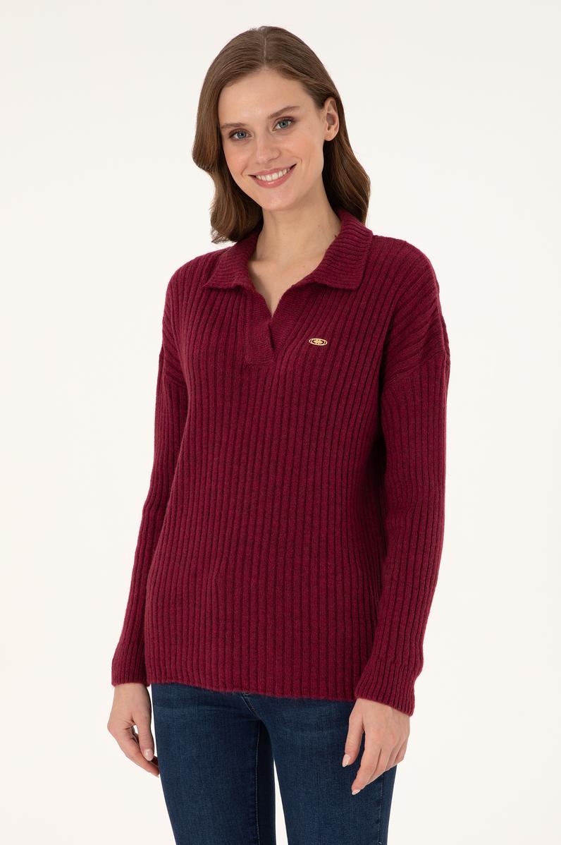 Kadın Vişne Polo Yaka Kazak