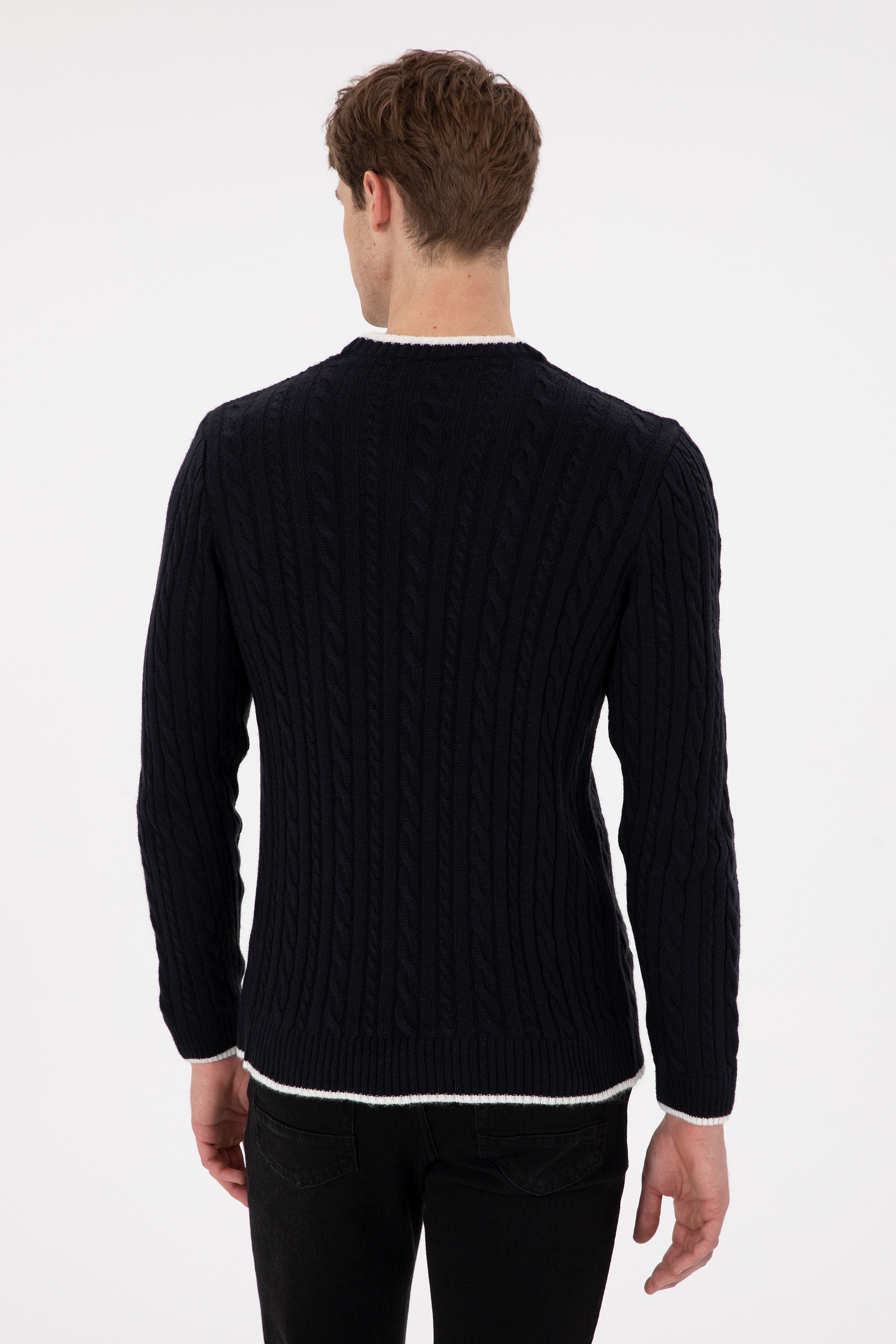 Erkek Regular Fit V Yaka Lacivert Yaka Detaylı Kazak - Image 5