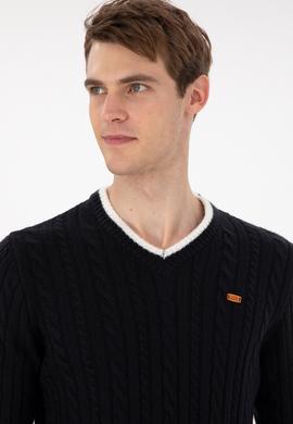 Erkek Regular Fit V Yaka Lacivert Yaka Detaylı Kazak - 50297083017