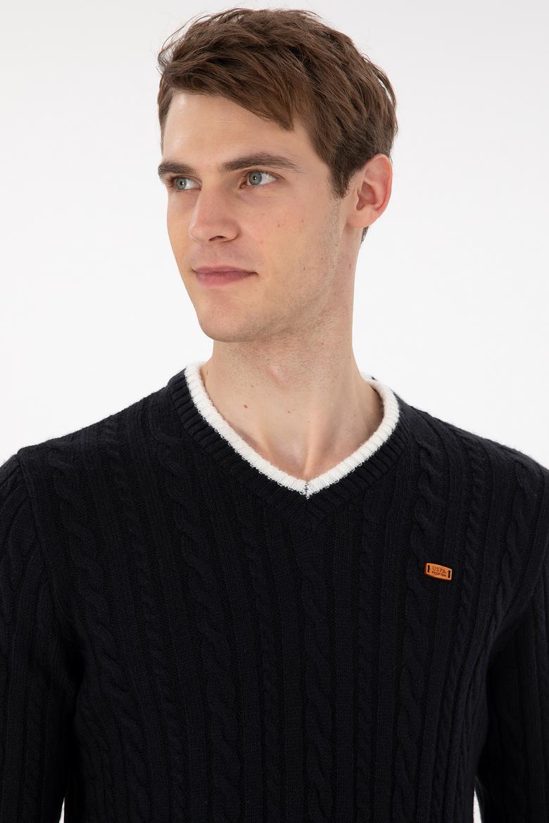 Erkek Regular Fit V Yaka Lacivert Yaka Detaylı Kazak - 50297083017