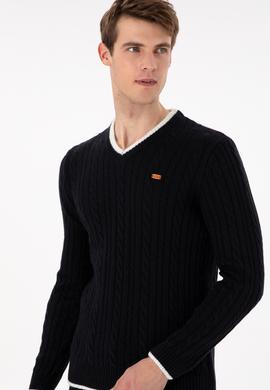 Erkek Regular Fit V Yaka Lacivert Yaka Detaylı Kazak - 50297083017