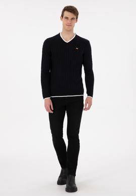 Erkek Regular Fit V Yaka Lacivert Yaka Detaylı Kazak - 50297083017