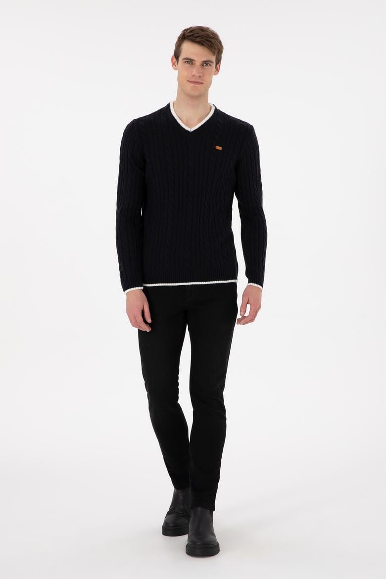 Erkek Regular Fit V Yaka Lacivert Yaka Detaylı Kazak - 50297083017