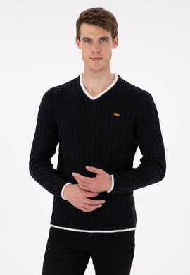 Erkek Regular Fit V Yaka Lacivert Yaka Detaylı Kazak - 50297083017