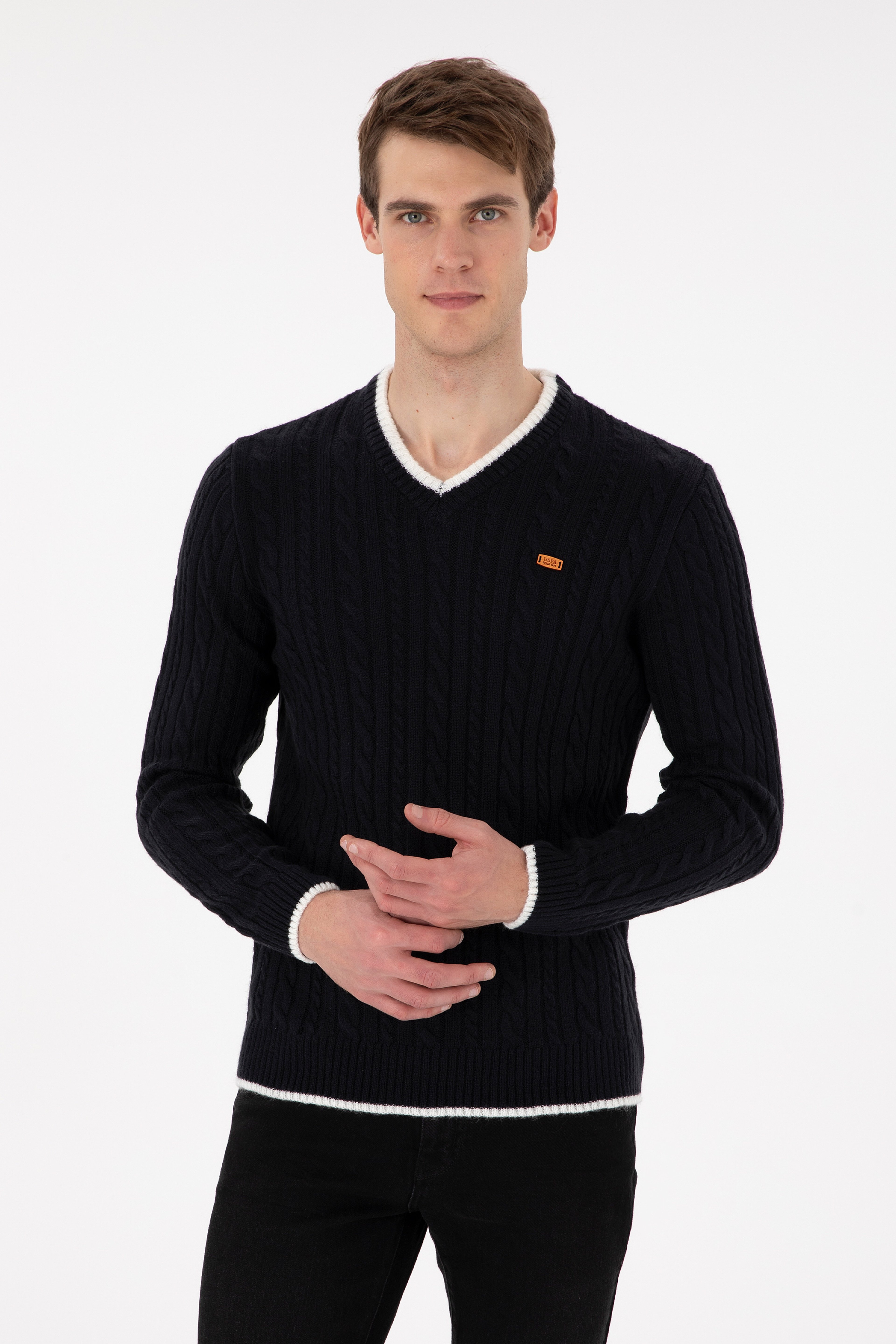 Erkek Regular Fit V Yaka Lacivert Yaka Detaylı Kazak - Image 1