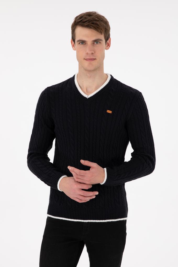 Erkek Regular Fit V Yaka Lacivert Yaka Detaylı Kazak