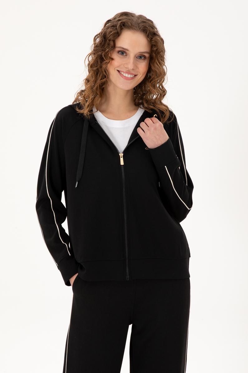 Kadın Siyah Kapüşonlu Fermuarlı Sweatshirt