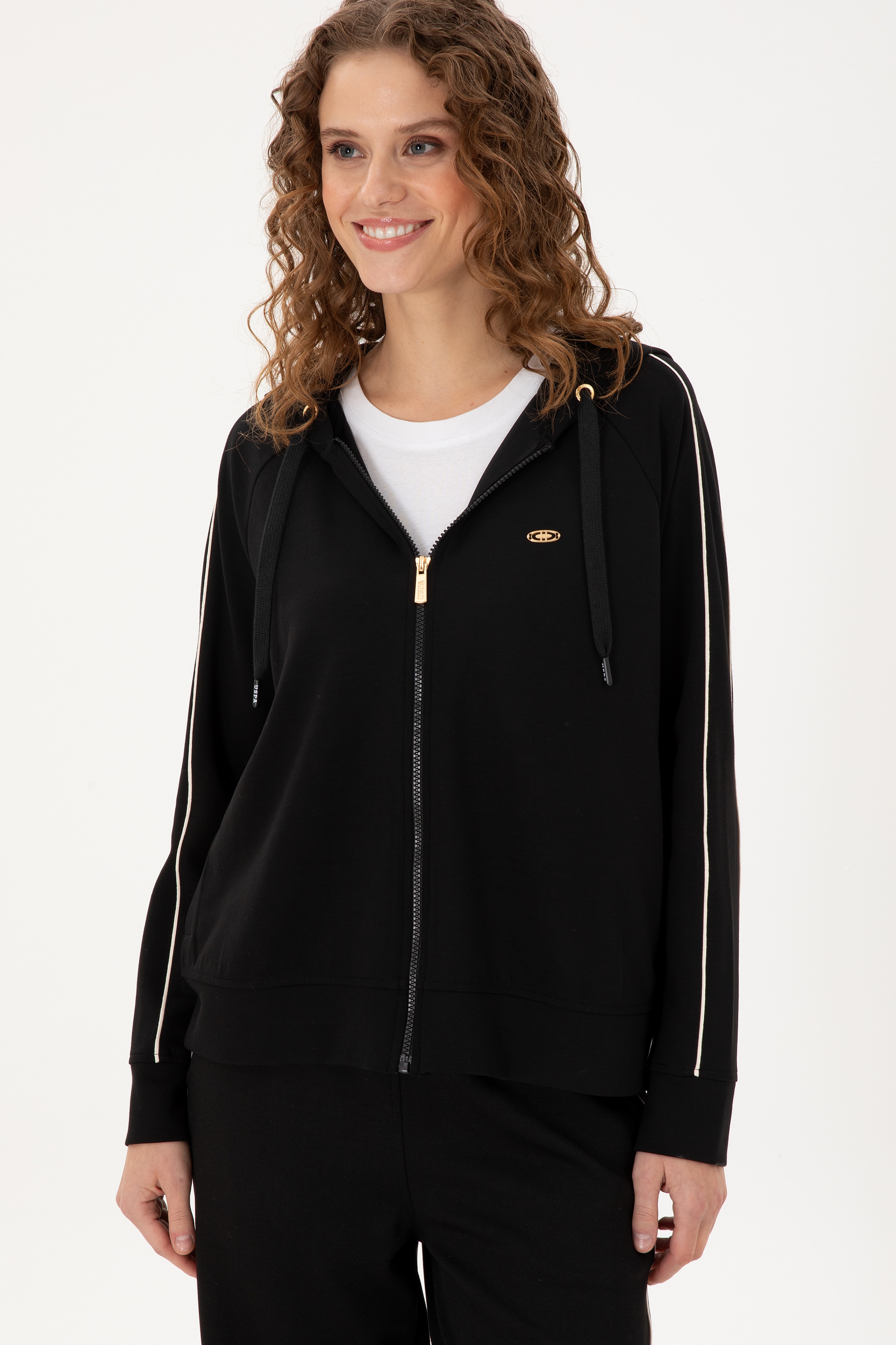 Kadın Siyah Kapüşonlu Fermuarlı Sweatshirt
