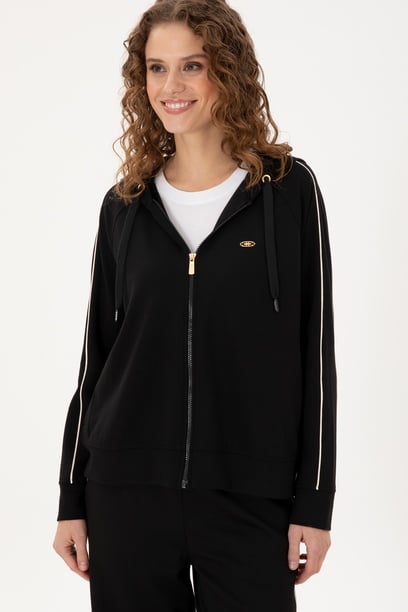 Kadın Siyah Kapüşonlu Fermuarlı Sweatshirt