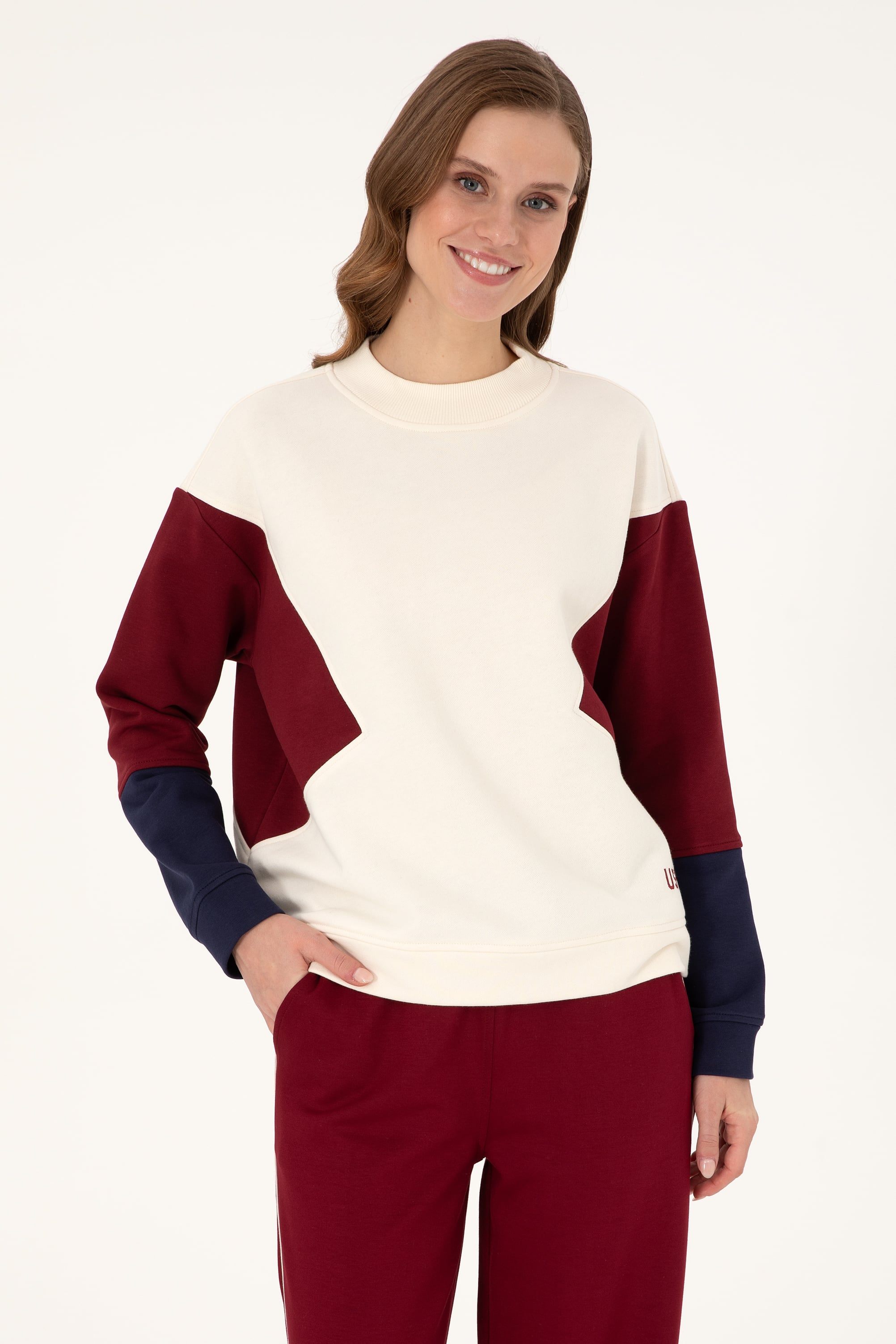 Kadın Krem Bisiklet Yaka Sweatshirt - Image 1
