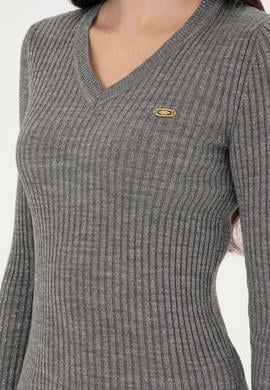 Kadın Gri Melanj V Yaka Simli Kazak - 50297398017