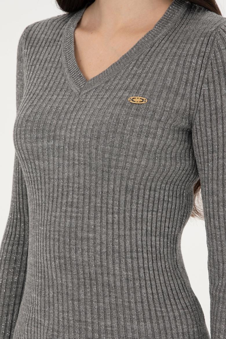 Kadın Gri Melanj V Yaka Simli Kazak - 50297398017