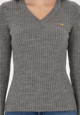 Kadın Gri Melanj V Yaka Simli Kazak - 50297398017