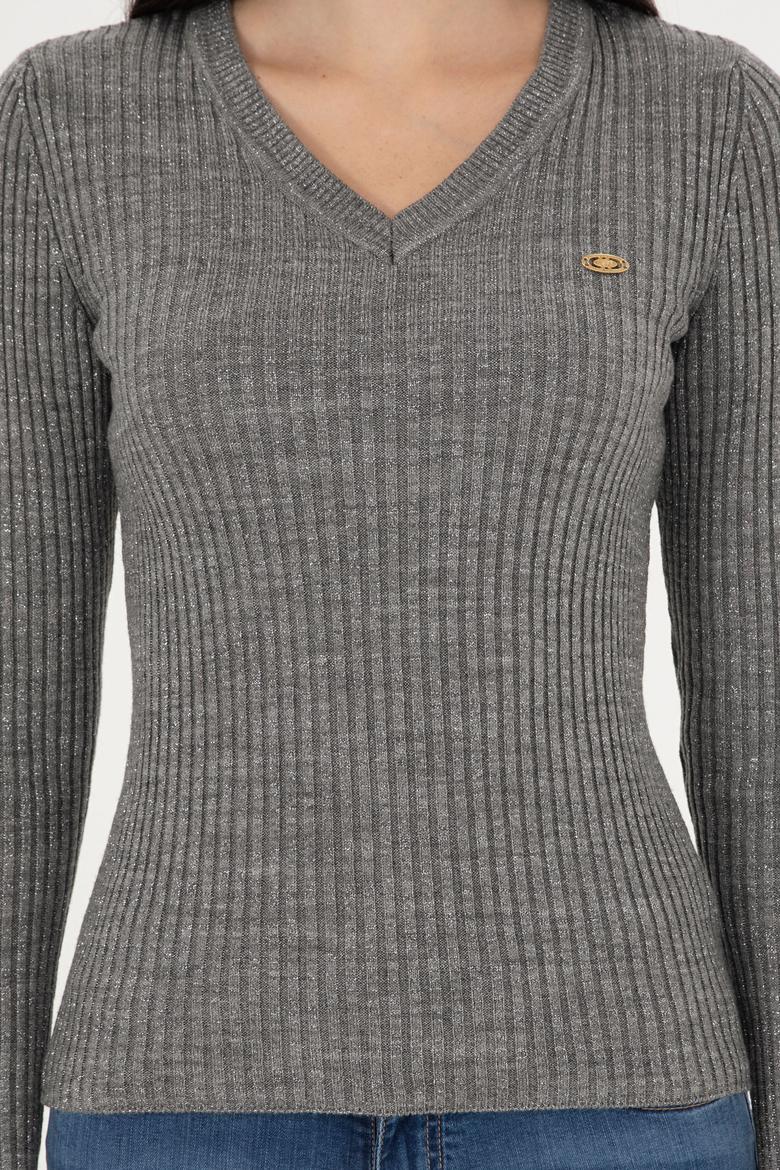 Kadın Gri Melanj V Yaka Simli Kazak - 50297398017