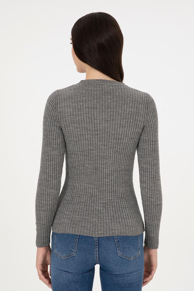 Kadın Gri Melanj V Yaka Simli Kazak - 50297398017