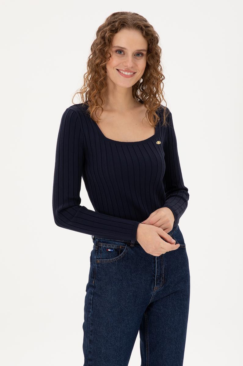 Kadın Lacivert Kare Yaka Kazak